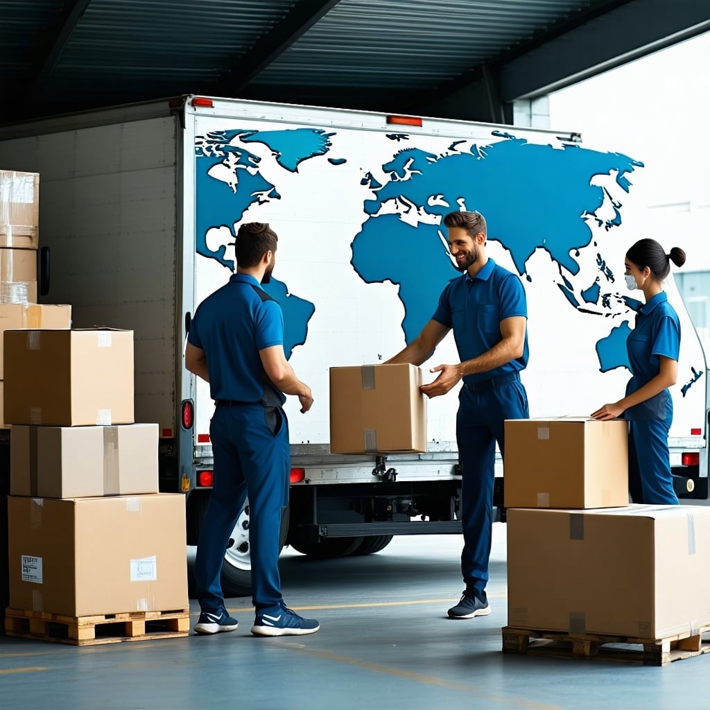 global courier company with people in parcel 1